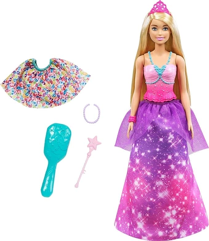 Barbie Dreamtopia 2-in-1 Pop van Prinses naar Zeemeermin (blond, 30 cm) met 3 looks en accessoires, voor kinderen van 3 - 7 jaar
