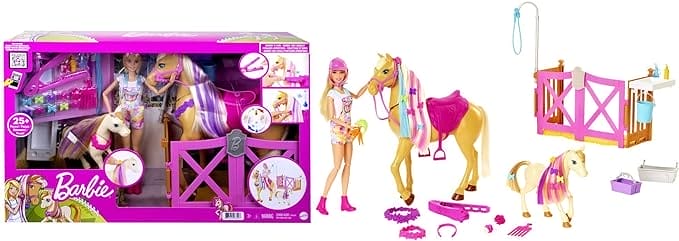 Barbie Paardenverzorging, Speelset met Barbie Pop (blond, 30 cm), 2 Paarden, en meer dan 20 verzorgings- en stylingaccessoires, cadeau voor kinderen van 3 – 7 jaar