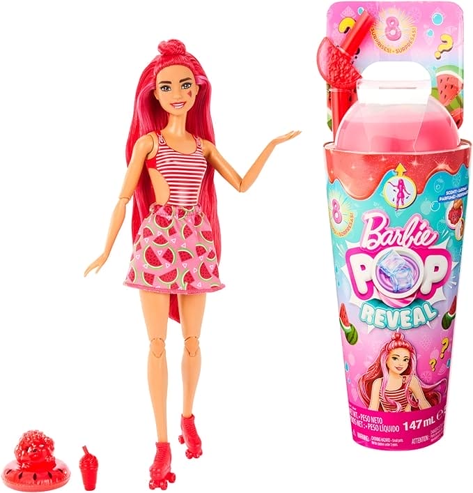 Barbie Pop Reveal Pop, serie Fruit, thema Vruchtenbowl, met 8 verrassingen, waaronder dierenvriendje en accessoires, Slime (slijm), verandering van kleur en geur, HNW43