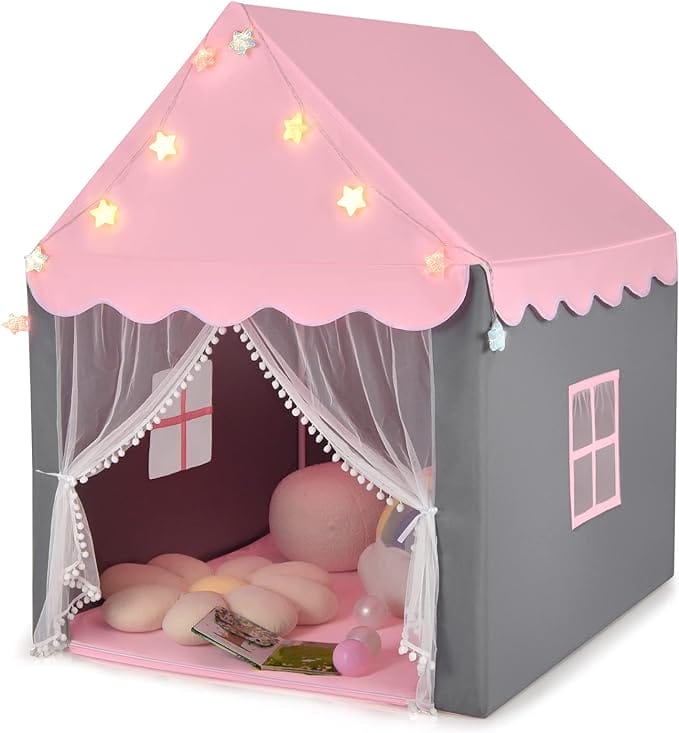 COSTWAY Kinderspeelhuis met sterrenverlichting, prinsessen-/prinsen-kindertent met raam en mat, speeltent met dubbel gordijn, kinderkasteel voor jongens en meisjes, roze