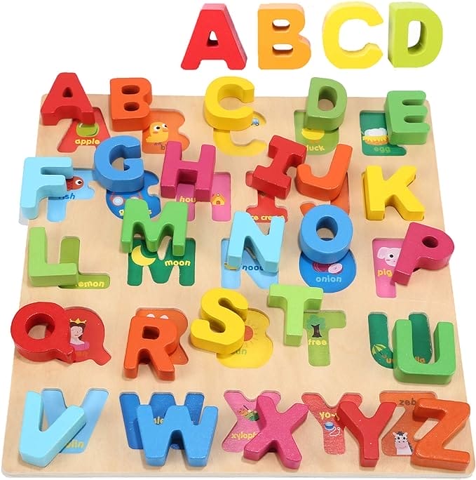 Jacootoys Houten Alfabet Puzzel ABC Chunky Puzzle Board Vroeg Leren Educatief Speelgoed Cadeau voor Kinderen