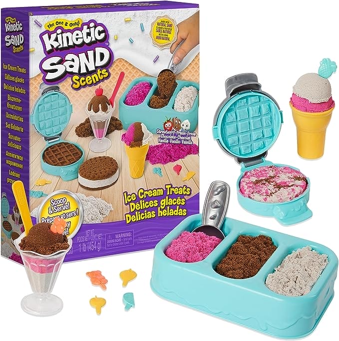 Kinetic Sand - Ijstraktaties-speelset met 510 g natuurlijk geurend speelzand in 3 kleuren en 6 stuks serveergereedschap