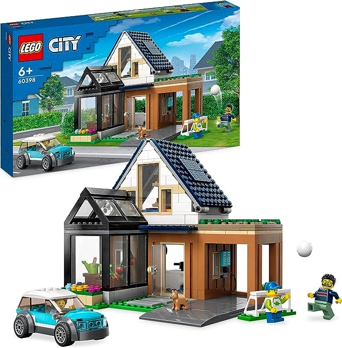 LEGO 60398 City Gezinswoning en elektrische auto, Modern Poppenhuis Modelbouwpakket met Speelgoedauto, Mini Figuren en Puppy Figuur, Speelgoed voor 6 jaar oude kinderen, Jongens en Meisjes