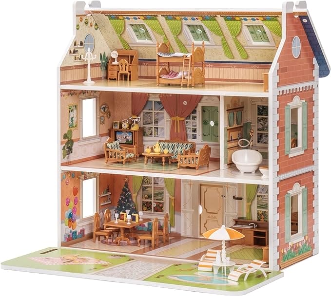 ROBOTIME Poppenhuis, houten poppenhuis voor kinderen, meisjes, rollenspeelgoed, cadeau voor meisjes en jongens van 3 tot 6 jaar