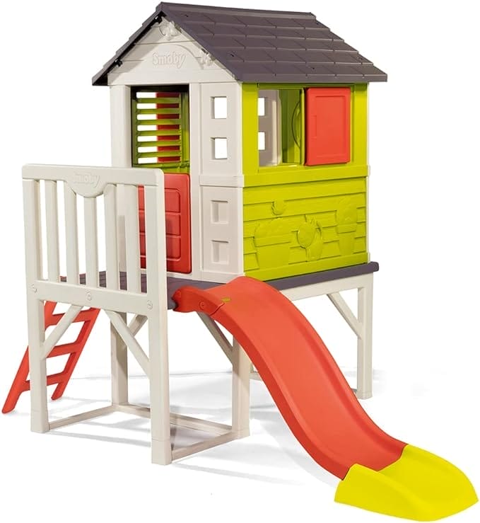 Smoby 810800 - Speelhuis met glijbaan, XL speelvilla op stelten, met ramen, deur, veranda, ladder, voor jongens en meisjes, vanaf 2 jaar