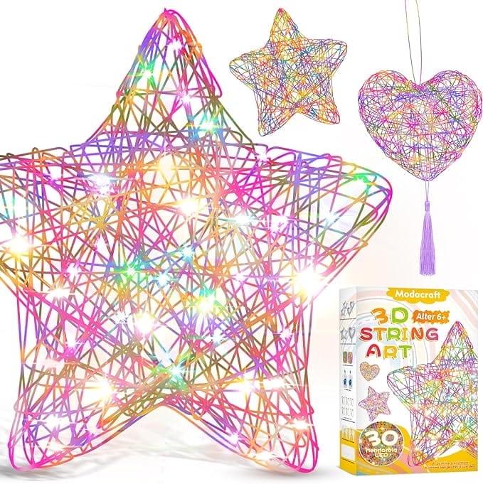 modacraft 3D String Art Kit voor kinderen, maken 6 lichtgevende sterlantaarns hartlantaarns knutselset kinderen vanaf 6 jaar knutselen cadeau meisjes jongens 7 8 9 10 11 12 jaar spelletjes nachtlampje