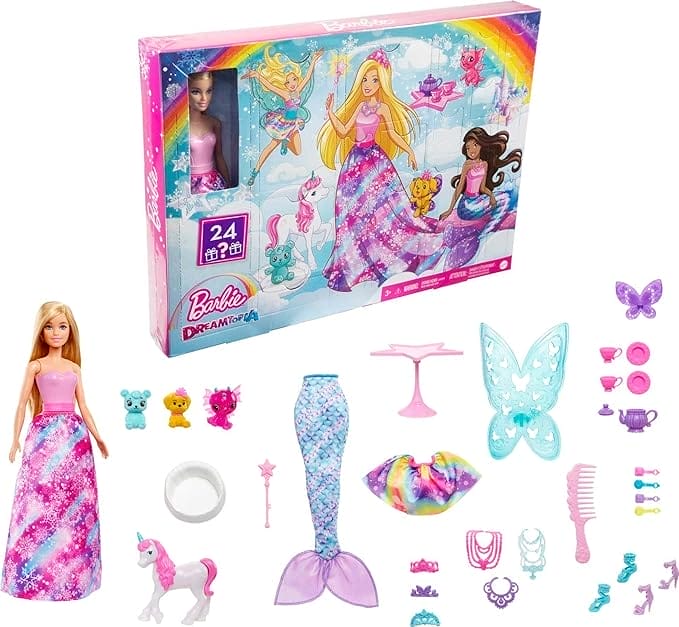 ​Barbie Dreamtopia Adventskalender met Barbie pop en 24 verrassingen, waaronder sprookjesoutfits, huisdieren en accessoires, feestmaandcadeau voor kids van 3 tot 7 jaar, HGM66