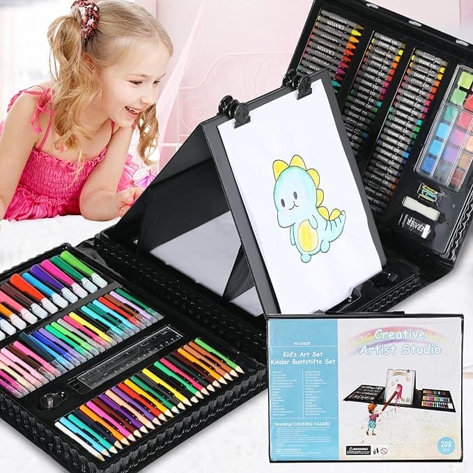 208-delige schilderset voor kinderen, draagbare schilderkoffer, tekenkoffer, schilderset met waskrijt, schildersezel, aquarelstiften, pastelkleuren, palet van uitstekende kwaliteit