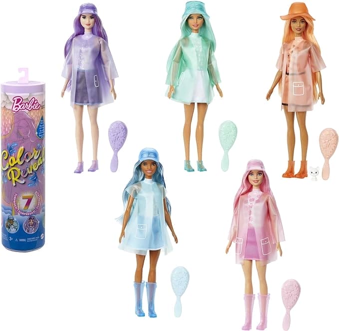 ​Barbie Color Reveal Pop met 7 verrassingen, uit de serie Zon en Spetters, met wolkenprint en kleurverandering, cadeau voor kinderen vanaf 3 jaar