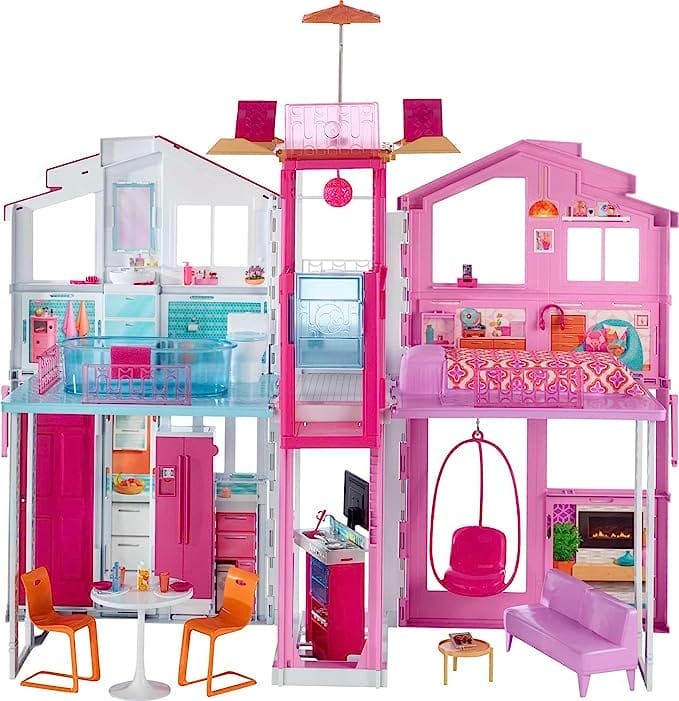 Barbie DLY32 Herenhuis met 3 verdiepingen Opvouwbaar Veel accessoires Poppenhuis vanaf 3 jaar