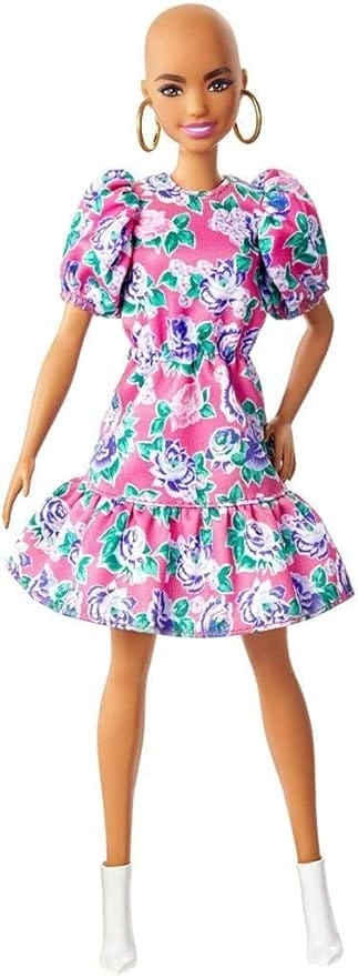 Barbie Fashionistas Pop 150 zonder haar met een roze bloemetjesjurk, witte laarsjes en oorbellen, speelgoed voor kinderen tussen 3 en 8 jaar
