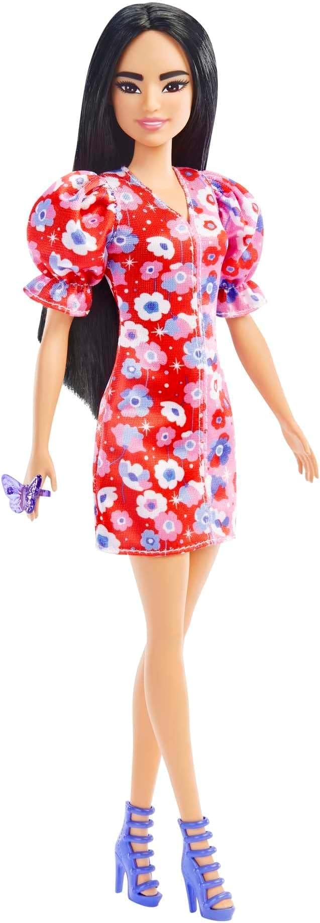 Barbie Fashionistas Pop 177 met lang zwart haar en een color-block bloemenjurk met pofmouwen, hoge paarse hakken, vlinderring, speelgoed voor kinderen van 3 - 8 jaar
