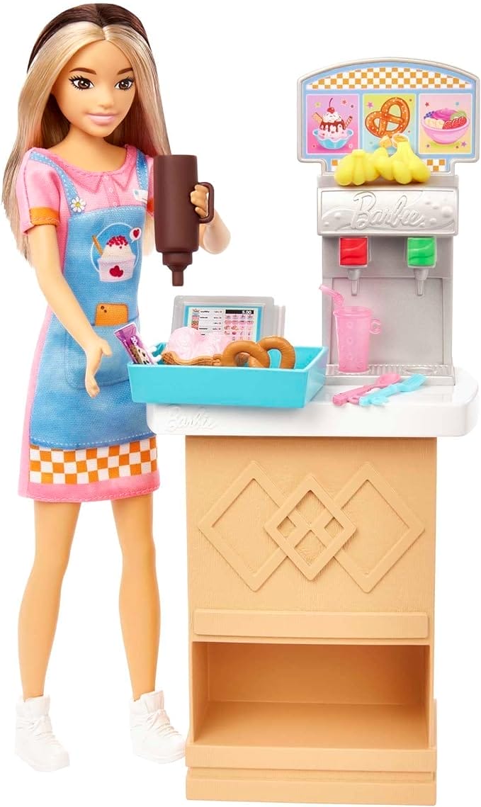 Barbie Speelgoed, Skipper pop en snackbarspeelset met toonbank, van kleur veranderende sorbet en 8 extra accessoires, Eerste Baantjes, HKD79