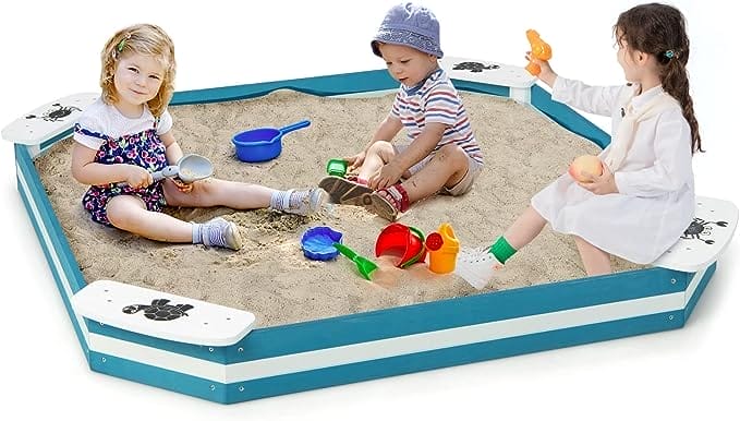 COSTWAY 126 x 126 x 14 cm, houten zandbak met 4 geïntegreerde zitplaatsen, zandbak voor kinderen vanaf 3 jaar