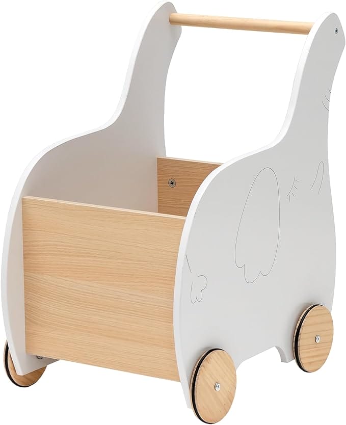 COSTWAY 2-in-1 loopwagen van hout, loophulp met grote speelgoedkist, olifantenvorm, voor peuters van 1-3 jaar oud, 32 x 48 x 56 cm (wit)