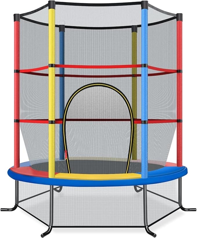 COSTWAY Ø140 cm Tuintrampoline met veiligheidsnet, trampoline tot 45 kg belastbaar, indoor/outdoor trampoline voor kinderen vanaf 3 jaar (veelkleurig)