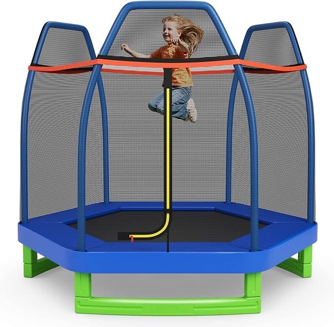 COSTWAY Ø 223 cm tuintrampoline met veiligheidsnet, gevoerde stangen en randafdekking, trampoline kindertrampoline tot 150 kg belastbaar, indoor/outdoor trampoline voor kinderen vanaf 3 jaar (blauw)