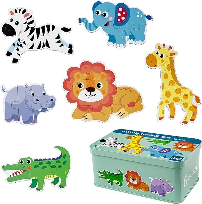 Comius Sharp Kinderpuzzel, 6 stuks houten puzzel, houten Montessori speelgoed, jigsaw set, vormpuzzels, vroeg leren, educatief speelgoed, cadeaus voor peuters van 2, 3, 4, 5 jaar, peuters (animal)