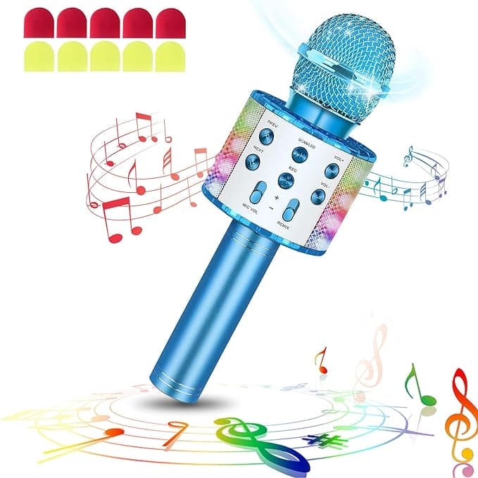 Draadloze Bluetooth Karaoke Microfoon Met Led-Verlichting Draagbare Handheld Zingen Karaoke Luidsprekermachine Speelgoed Cadeaus Voor Kinderen Volwassenen (Blauw, W/10 Wegwerpmicrofoonhoezen)