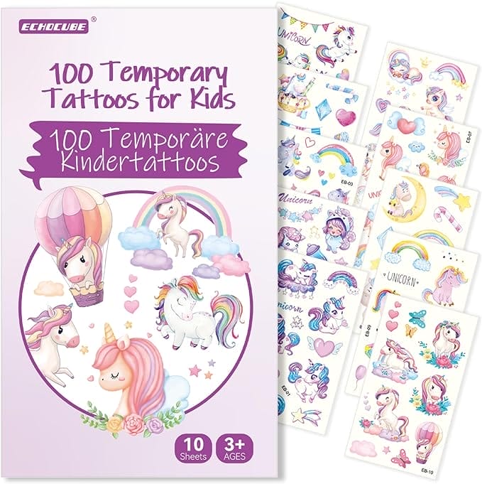 ECHOCUBE tijdelijke tatoegeringen voor kinderen, 10 bladen gemengde stijl waterdichte nep tattoo set met Unicorn thema patronen, verjaardagsfeestje tas vullers voor jongens meisjes geschenken