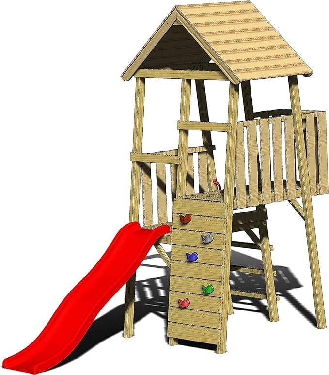 Houten Speeltoren met Speeltoren en Rode Glijbaan | Platform 2 Verdiepingen - 9