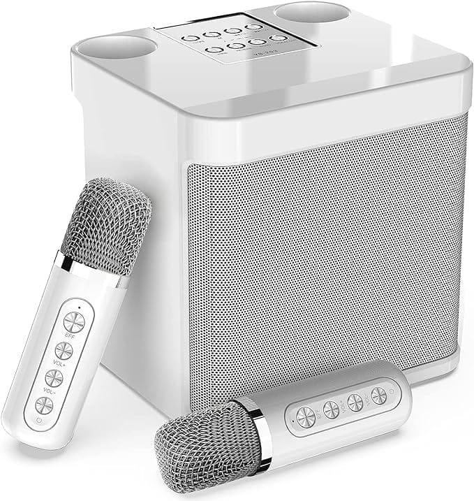 Karaoke Systeem met 2 microfoons, Bluetooth karaoke-machine, draadloos karaoke-systeem, luidspreker met karaoke-microfoon, karaoke-set voor feest, activiteiten, ondersteunt Bluetooth, AUX, USB/TF, wit
