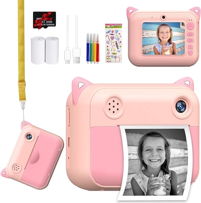 Kindercamera voor meisjes, Kids Instant Print Camera Speelgoed voor 3-14 Jaar Oud, 1080P HD Draagbare Kids Digitale Camera met Fotopapier 6 Kleur Pennen 32GB SD-kaart Verjaardagscadeaus