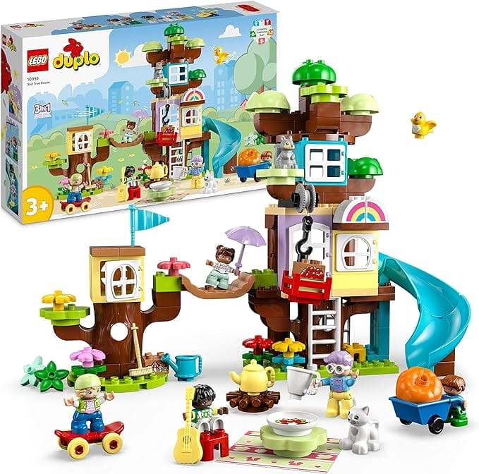 LEGO 10993 DUPLO 3in1 Boomhut, Educatief Speelgoed voor 3 Plus Jaar Oude Peuters, Meisjes & Jongens met 4 Familiefiguren, Dieren, Stenen en een Glijbaan, Leerzaam Cadeau