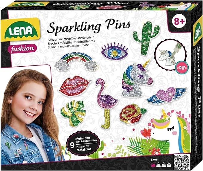 Lena 42662 - knutselset Metal Sparkling Pin, complete set voor glinsterende metalen spelden, met 9 metalen pin-vormen, veiligheidsspelden, 7 glitterkleuren en knutsellijm, voor kinderen vanaf 8 jaa