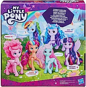 My Little Pony-speelgoed, Rainbow Celebration, verzamelset met 6 pony's van 14 cm, ponypoppen voor meisjes en jongens, eenhoornspeelgoed