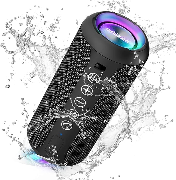 Ortizan Bluetooth luidspreker met kleurrijk ledlicht, draagbare mini bluetooth box met handsfree-functie, IPX7 waterbescherming en 360° surround sound, draadloze, muziekbox met AUX, TF