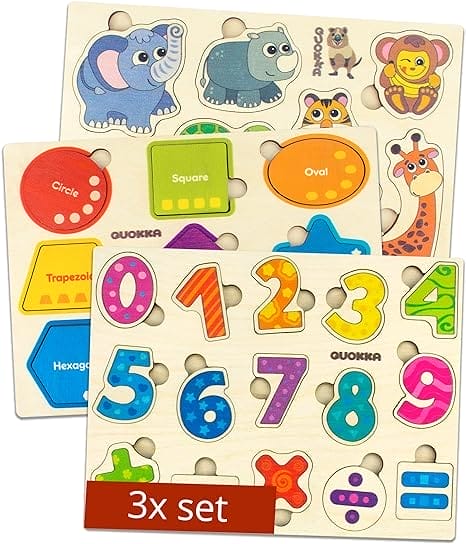 Peuterspeelgoed voor jongens en meisjes van 1 2 3 jaar - 3 pak van Quokka - Puzzelspellen met vormen en cijfers - Houten speelgoed voor 2 jaar met woorden en kleurrijke afbeeldingen, positieve peuterpuzzels voor 2-3 jaar