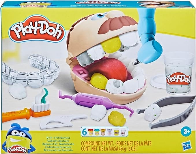 Play-Doh Drill 'n Fill-tandartsspeelgoed voor kinderen vanaf 3 jaar met 8 potjes boetseerklei, niet giftig, verschillende kleuren