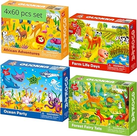 QUOKKA Puzzel van 60 stukjes, vanaf 4, 5, 6 jaar, 4 frame-puzzels voor jongens en meisjes, kleurrijke puzzel met oceaan, wilde en huiselijke dieren, cadeau speelgoed voor kinderen van 3 tot 7 jaar