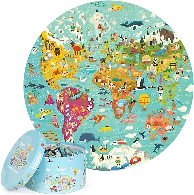 Ronde legpuzzel 'Wereldkaart' van boppi van 100% gerecycled karton voor kinderen, met 150 stukjes met dieren voor kinderen van 3 t/m 8 jaar, diameter: 58 cm Merk: boppi