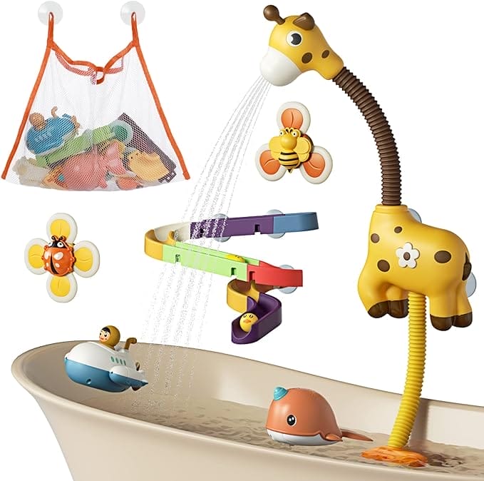 TUMAMA Badspeelgoed voor baby's vanaf 1 jaar, badspeelgoedset met waterdouche, 2 opwindspeelgoed, 2 zuigspinners, speelgoed, opbergtas, giraffe waterspuit, douche-eend voor peuters
