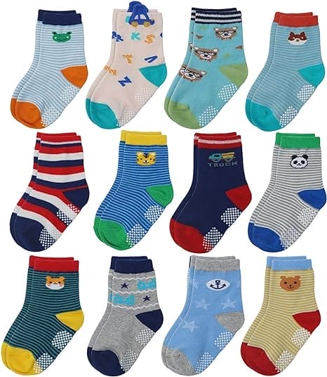 12 paar antislip katoenen sokken met grip voor baby peuter jongens meisjes(1#Auto,1-3 jaar)
