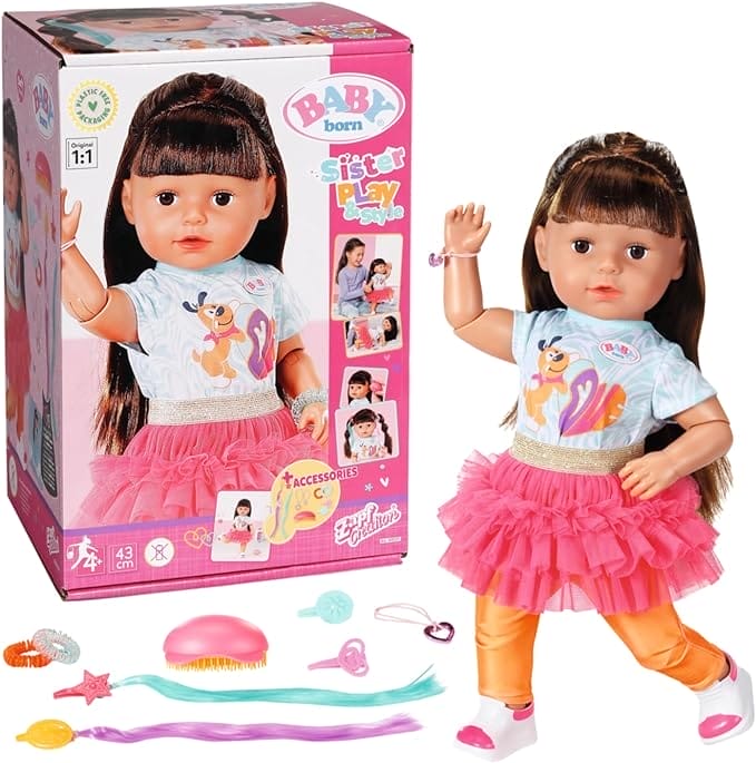 BABY born Sister Play & Style Brunette 835371-43cm pop met beweegbaar hoofd en lichaam - Met 7 levensechte functies en 10 accessoires - Geschikt voor kinderen vanaf 4+ jaar.