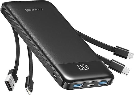 Charmast Powerbank 10000mAh Externe Batterij USB C Power Bank met 4 Geïntegreerde Oplaadkabel Draagbare Lader LED Display Compact Slank 6 Uitgangen Compatibel met iPhone, Huawei, Samsung Tablet