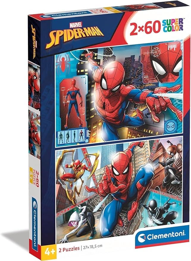 Clementoni 21608 Supercolor Spiderman Puzzel 2 x 60 stukjes vanaf 5 jaar, kleurrijke kinderpuzzel met bijzondere helderheid en kleurintensiteit, behendigheidsspel voor kinderen