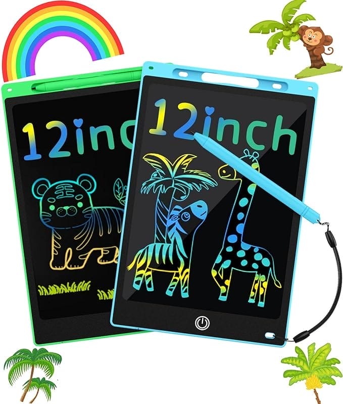 Dirrelo 12 Inch LCD-schrijftablet, 2 stuks draagbare magische tekentablet, peuter leren speelgoed kleurrijke doodle krabbelpad, kinderen reizen speelgoed voor 2-7 jaar oude jongens meisjes Kerstmis