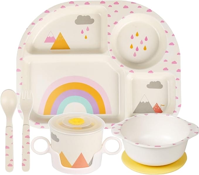 Greentainer Melamine Children's Tableware Set, 5-Piece Set Fallproof Tableware - Baby Menu Tray, Children's Bowl with Suction Cup, Cup with Lid, Spoon, Fork for Children, from 6 Months, Dishwasher