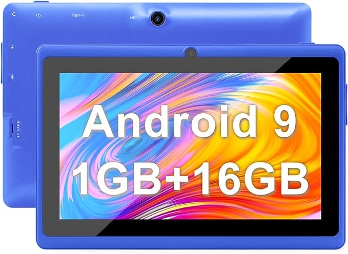 Haehne 7 inch Tablet PC, Google Android 9.0 GMS gecertificeerd, Quad Core 1GB RAM 16GB ROM, twee camera's, 1024 x 600 HD-scherm, Bluetooth, WiFi, blauw