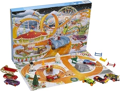 Hot Wheels Adventskalender, 8 Hot Wheels speelgoedauto's met winters thema, met diverse accessoires en speelmat, cadeau en speelgoed voor kinderen vanaf 3 jaar, HCW15