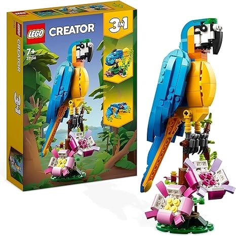 LEGO 31136 Creator 3 in 1 Exotische Papegaai Constructie Speelgoed voor Meisjes en Jongens met Kikker, Vis en Jungle Dier Figuren, Creatief Kerstcadeau-Idee voor Kinderen vanaf 7 Jaar