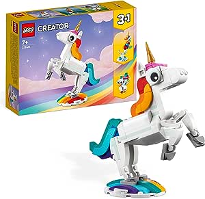 LEGO 31140 Creator 3 in 1 Magische Eenhoorn Speelgoed Set, Kerstcadeau voor Jongens en Meisjes, inclusief Zeepaardje, Pauw en Regenboog Figuren, Bijzonder Eenhoorn Bouwpakket