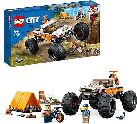 LEGO 60387 City 4x4 Terreinwagen avonturen Kampeerset, Monstertruck-stijl Voertuigen Speelgoed met Werkende Wielophanging en Fietsen