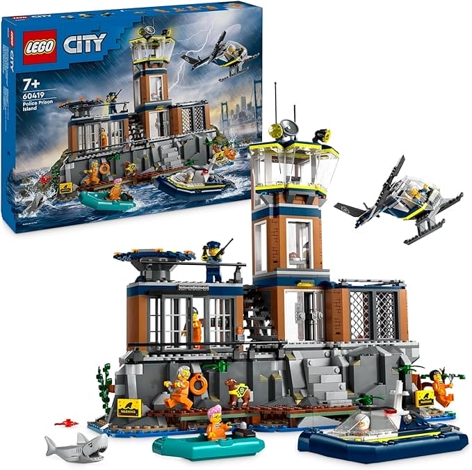 LEGO City Politiegevangeniseiland Cadeau voor Jongens en Meisjes vanaf 7 jaar met Speelgoed Helikopter, Boot en Rubberboot, 7 Minifiguren en Dieren Figuren van een Hond en een Haai 60419