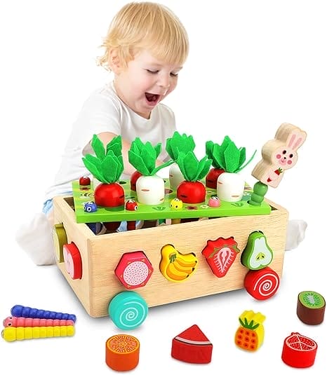 Miiepls Montessori speelgoed vanaf 1 jaar, 7-in-1 worteloogst, houten speelgoed voor kinderen, boerderijspel, motoriekspeelgoed, sorteer, stapelspeelgoed, educatief speelgoed, cadeau voor meisjes en jongens
