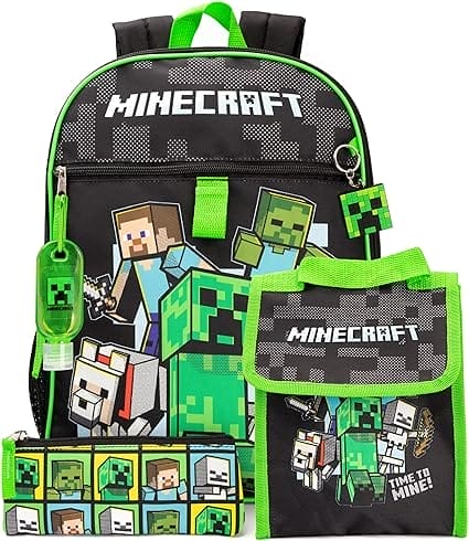 Minecraft Rugzak en lunchbox voor kinderen, schoolrugzak, 5-delig, eenheidsmaat, zwart, eenheidsmaat, zwart., Taille unique